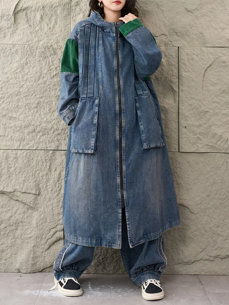 Amax LuluE Brand Fall Ladies Casual Oversized Hooded Vintage Denim Trench Women Classic Loose Long Clothes Fashion Windbreakers