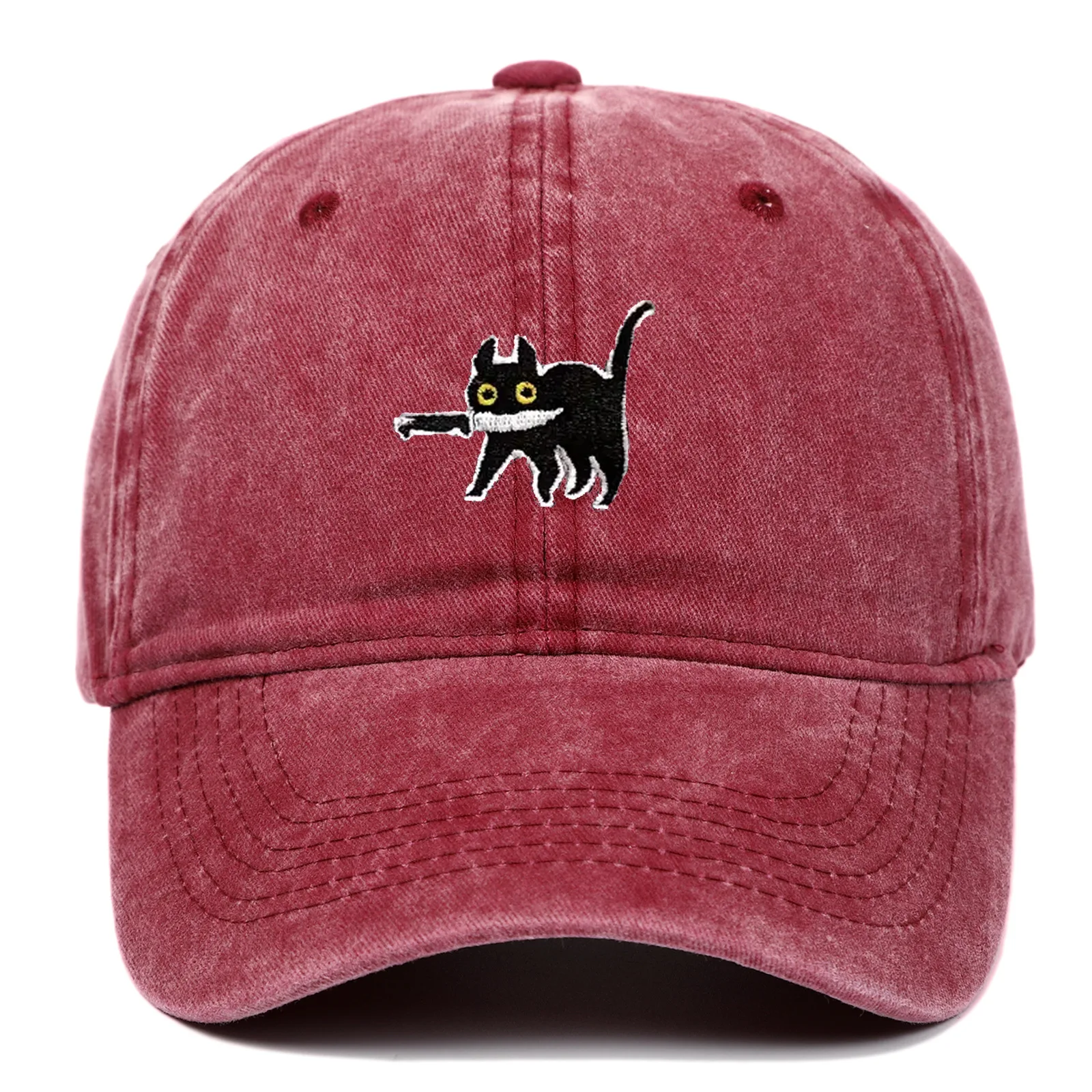 

Cat Bite Knife Pattern Embroidered Baseball Hat Retro distressed Washed Outdoor Hat