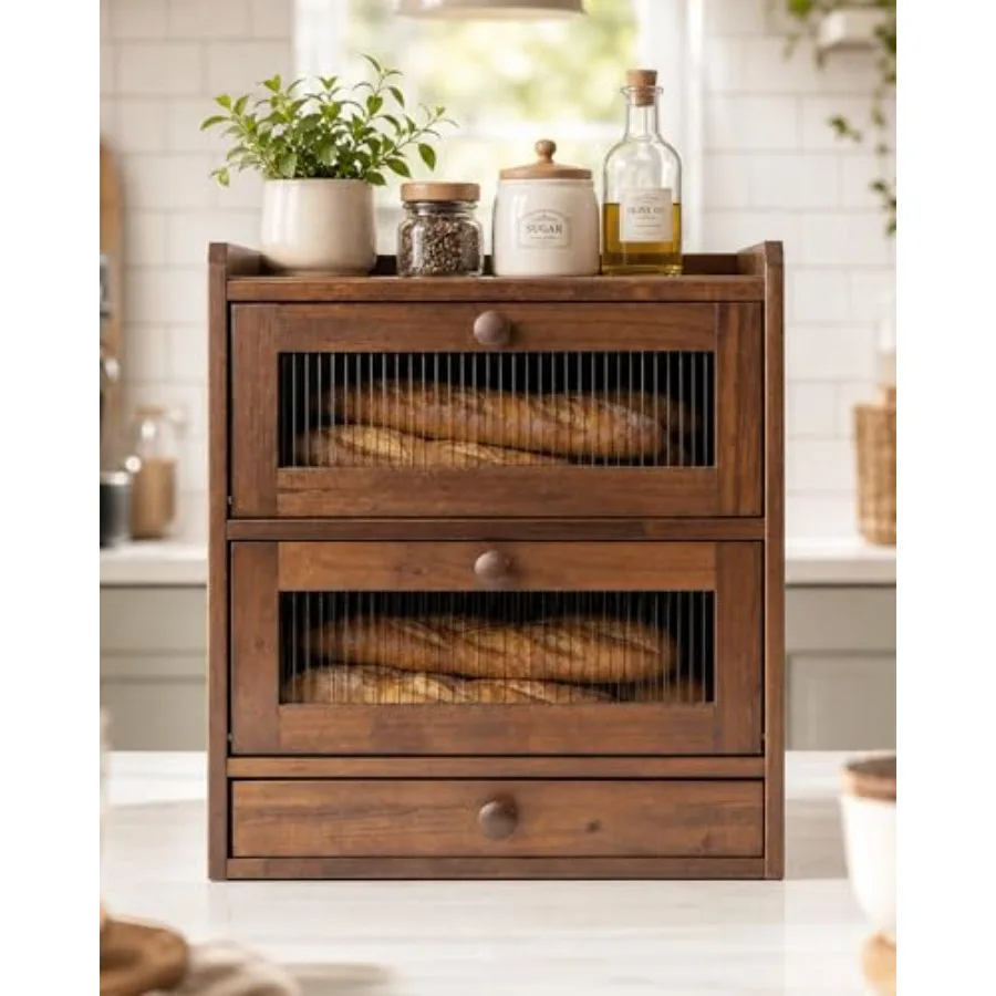 

Wooden Bread Storage Box with Acrylic Viewing Window, Double-Layered Large-Capacity for Kitchen Countertops, Cutlery Storage Bo