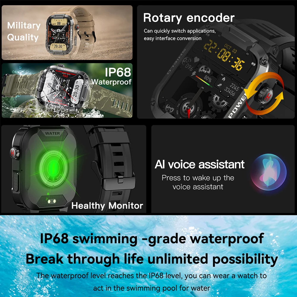 MK66 Rugged Outdoor Smart Watch Military Qualtiy IP68 Waterproof Bluetooth Call Men Smartwatch Voice Assistant Healthy Monitor