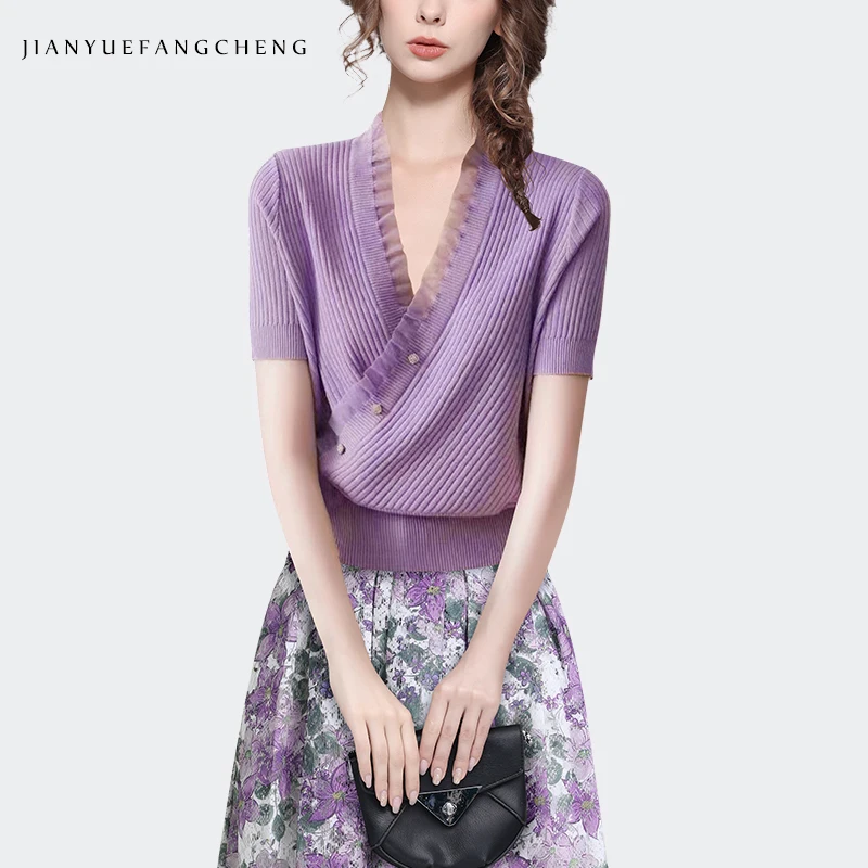 2024 Summer Designable Purple Cross V-neck Knitted Shirt Short Sleeve Western Style Slim Women Top Stretching Small Sweater