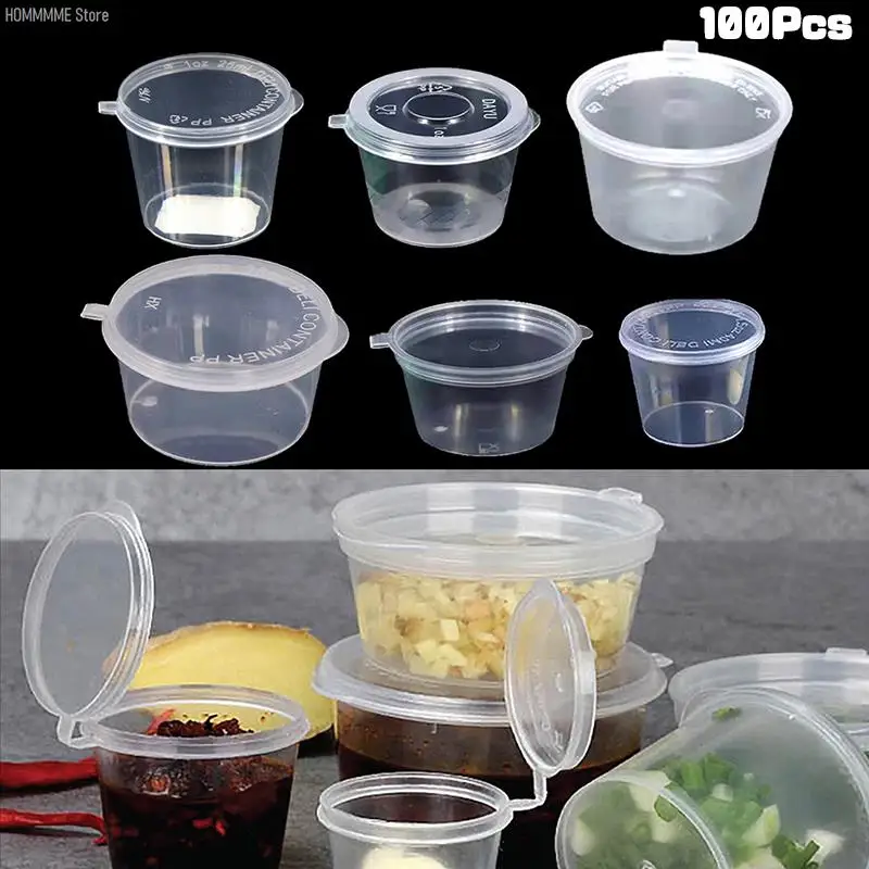 Mini caja de embalaje de plástico, contenedor de almacenamiento de condimentos de alimentos, organizador de cocina, taza de salsa desechable, redonda y transparente, 20-40ML, 100 unidades