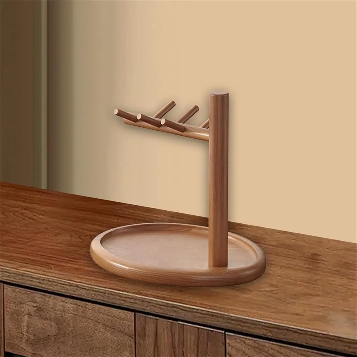 Wooden Key Stand with Tray - 2-in-1 Jewelry & Card Holder, Walnut Entryway Storage Rack for Keys, Watch, Accessories