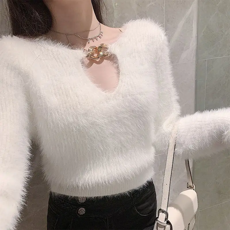 Autumn New 2024 Korean Style Fashion Versatile Hollow Out Fluff Winter V-neck Slim-fitting Thin Knitted Sweater Pullover Top