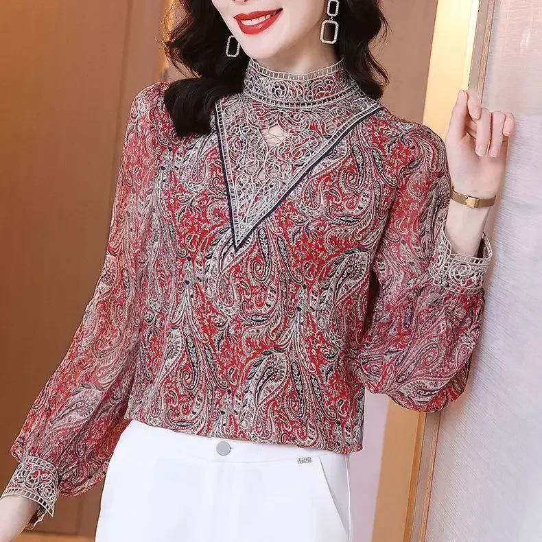 Women Blouse Chiffon Shirt Women\'s Long-Sleeved Spring Printed Lace Shirt Top Blusas Mujer De Moda