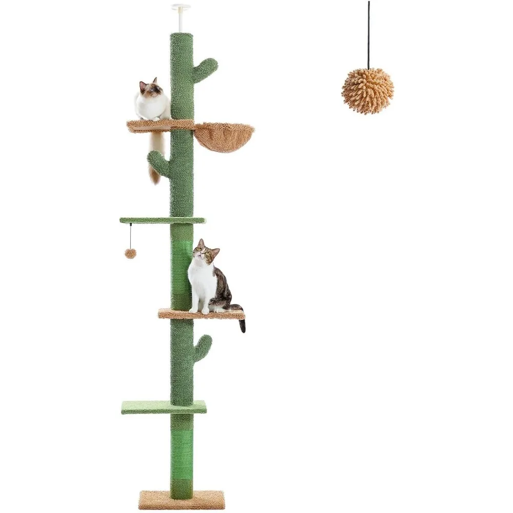 

Scratchers, Cat Tree, Cactus Floor To Ceiling Cats Tower with Adjustable Height(95-108 Inches), 5 Level Cat Climbing Tower