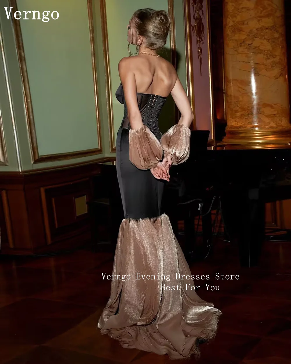 Verngo-Robe de Soirée en Satin Noir, Forme Sirène, Manches Amovibles, Élégante, Personnalisée