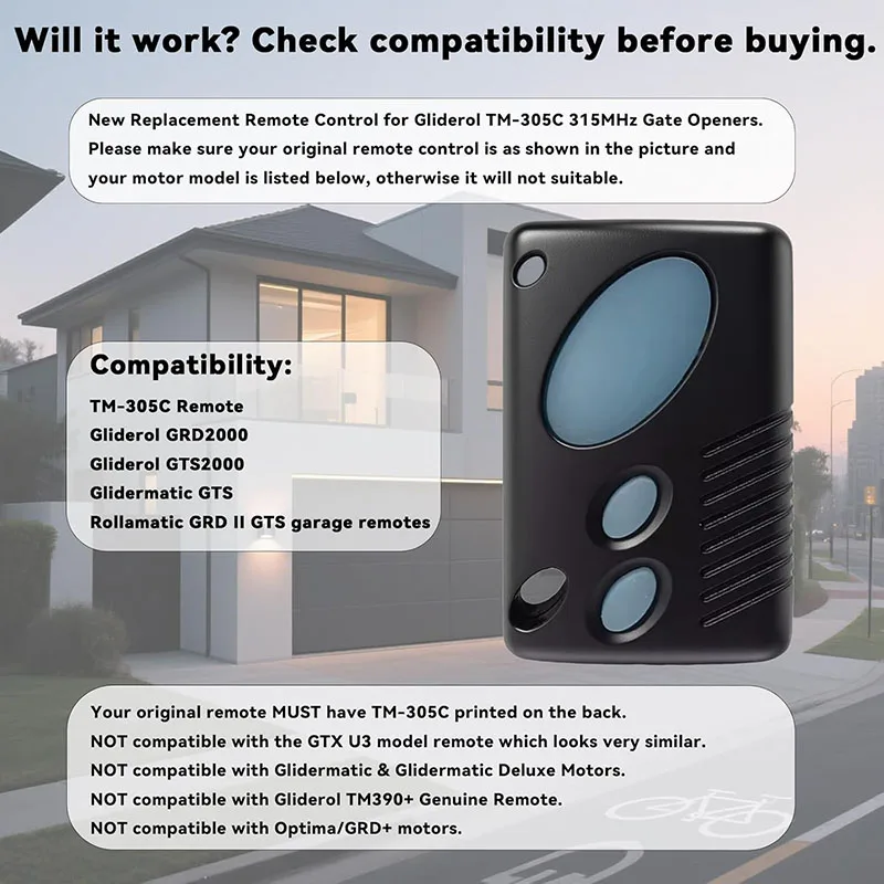 1~20PCS Gliderol TM305C GRD GTS 2000 TM-305C Garage Door Remote Control Hand Transmitter Garage Door Opener 315MHz Rolling Code