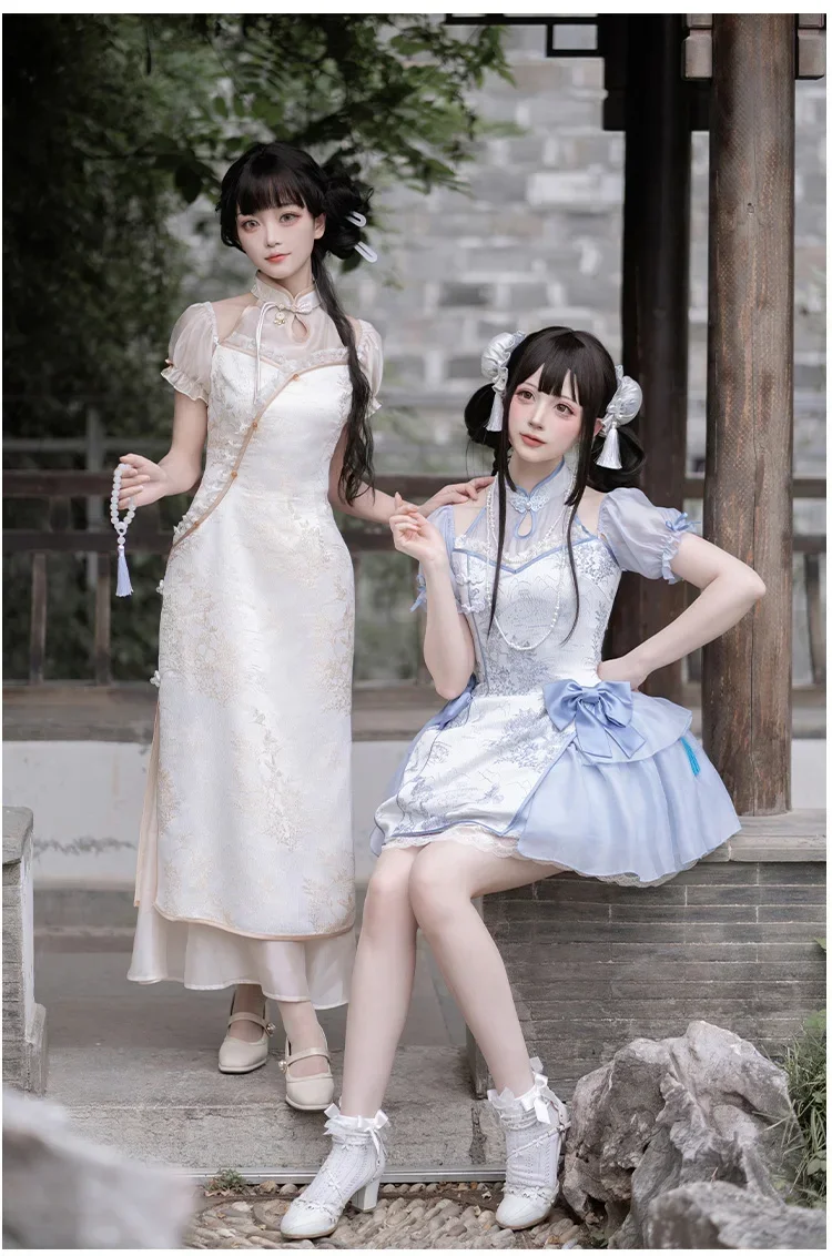 Nuovo abito corto op originale in stile cinese con grembiule Abito lungo cheongsam retrò Abiti stampati estivi con fiocco Lolita da donna