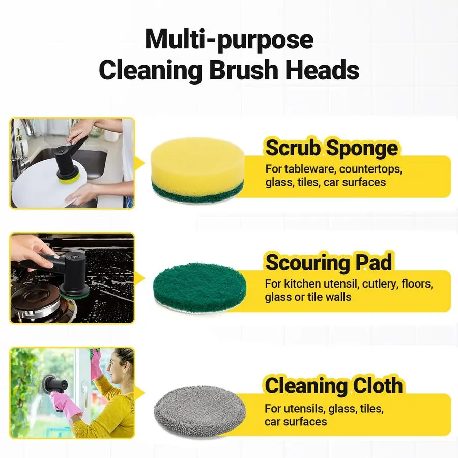 Вращающийся скруббер, беспроводной скруббер емкостью 3000 мАч с 8 сменными головками, легкий ручной скруббер с двойной скоростью для чистки