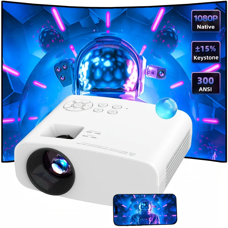 جهاز عرض فيديو محمول 300ANSI، يدعم 1080P الأصلي 4K، WiFi 6، لاسلكي 5.0، 180 °   دوران شاشة قابل للتعديل