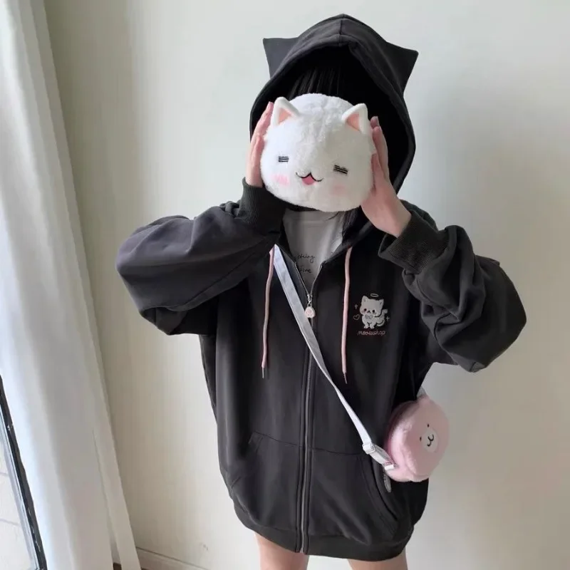 America Cartoon Cat Embroidery Cardigan Y2k Hooded Zipper Sweatshirt Women Streetwear Aesthetics Grunge Sweet Tops Harajuku Coat
