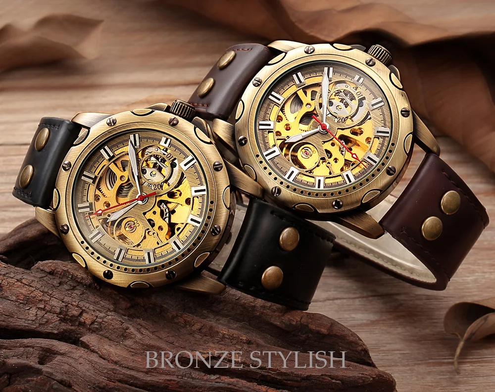 SHENHUA Orologio meccanico automatico scheletrato in bronzo retrò Puntatore luminoso Orologi impermeabili Orologio da uomo di lusso delle migliori marche