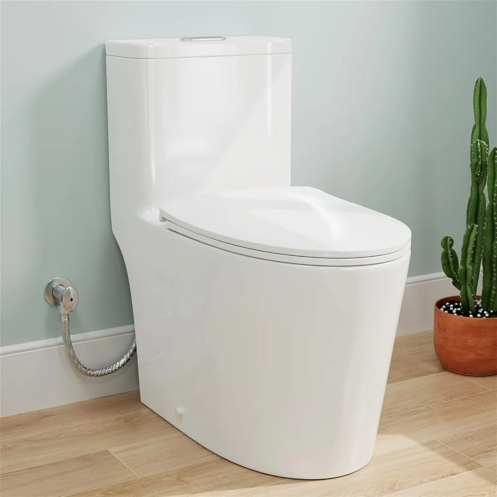 

Dual Flush Elongated Standard One Piece Toilet with Comfortable Seat Height,Powerful&Quiet Dual Flush Modern Toilet,Glossy White