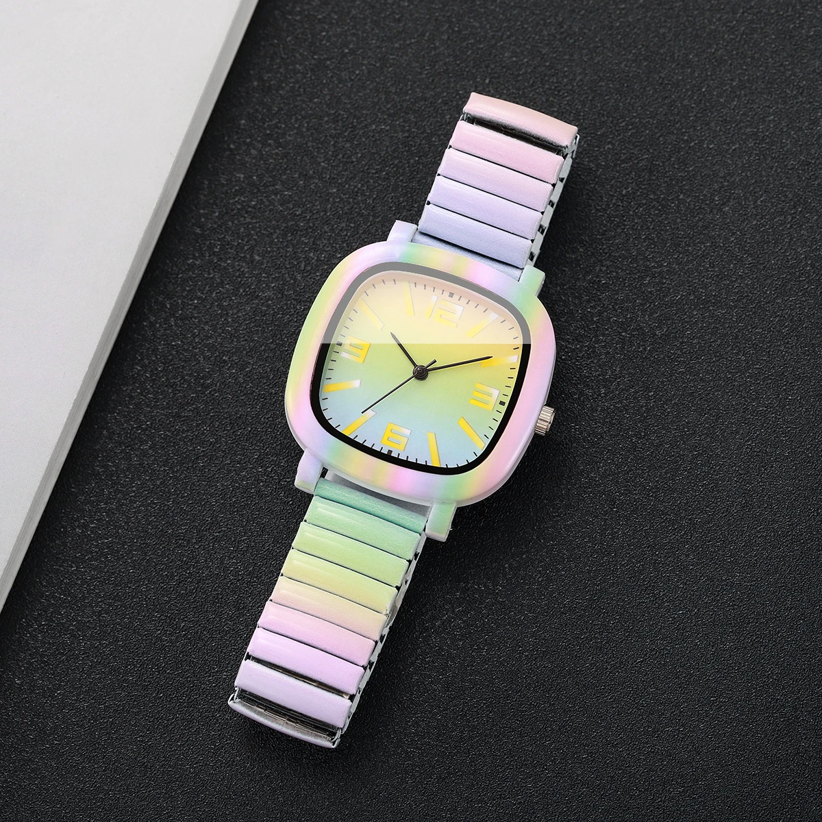 Modische Regenbogen-Böses-Auge-Quadrat-Damenuhr mit buntem elastischem Armband, Damen-Armbanduhren Relogio Feminino (ohne Box) – Detail 15