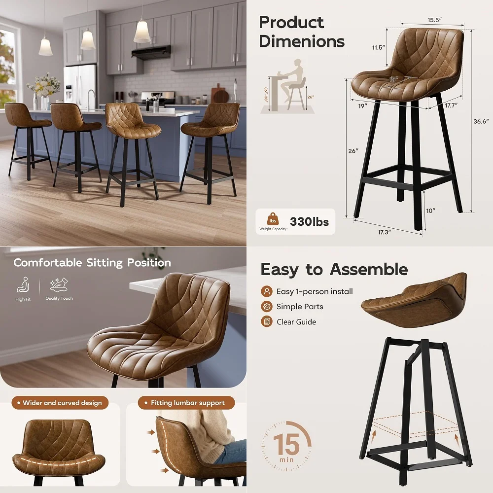 

Counter Stools Set of 4, Linen Fabric Upholstered Kitchen Stool Chairs with Rope Back and Solid Wood Legs, Countryside Armless