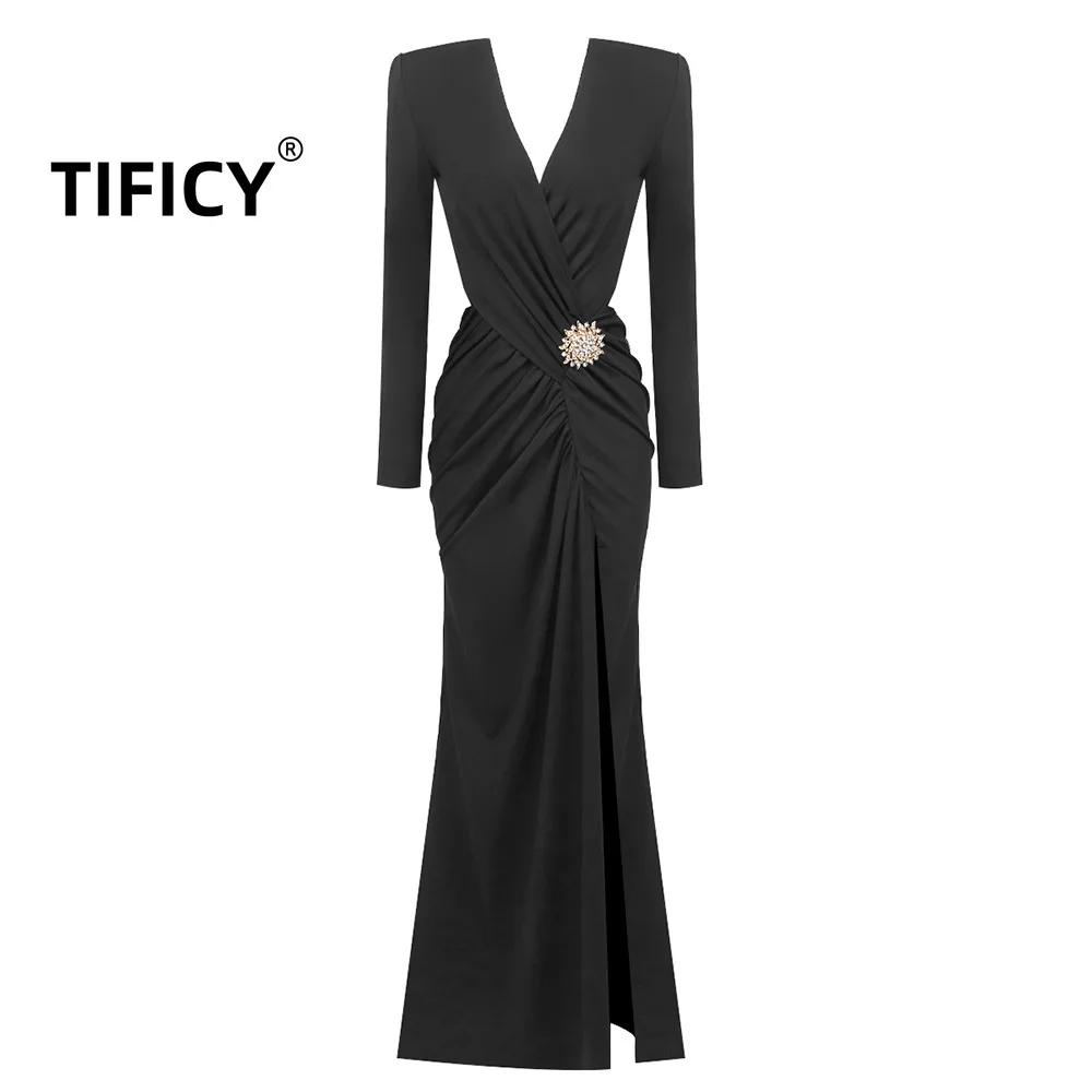 

High Street Dark V-neck Sexy Long Dresses Women's French White Metal Cross Hollow Out Waist Slim Elegant Party Dresses Y2k Dress
