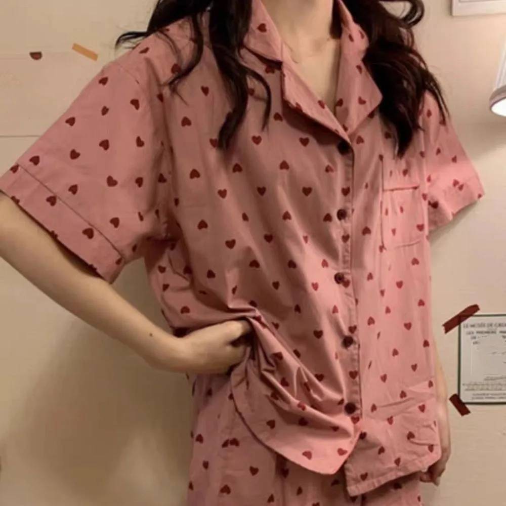 

Leopard Print Heart Pajama Suit Slim Fit V Neck Shorts Camisole Nightwear Short Sleeve Women Sleepwear Two Pieces Sleepwear Sets