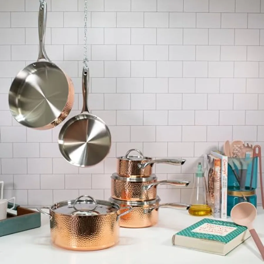 Vintage TriPly Copper 5.5in Saucepan 1qt. With Matching Lid Hammered Long Ergonomic Shaped Handle 3layer Base Gold