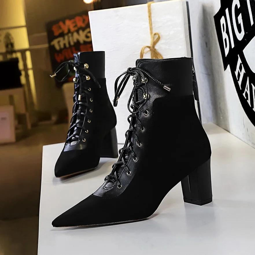 

Women Black Flock Boots Pointed Toe Thick Heels Winter Lace Up Cross Strapping Ankle Boots