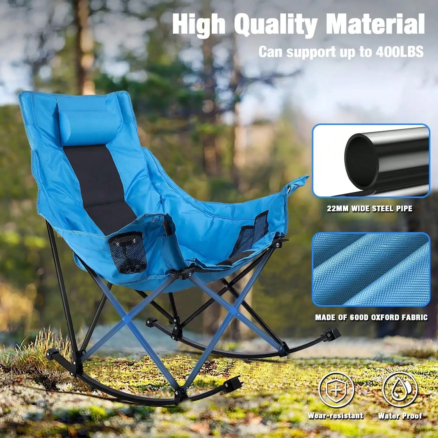 Outdoor Folding Rocking Camping Chair For Adults – Portable Oversized Heavy Duty Design With Built-In Cup Holder, Cooler Bag & Side Pocket, Ideal For Camping, Lawn & Outdoor Use