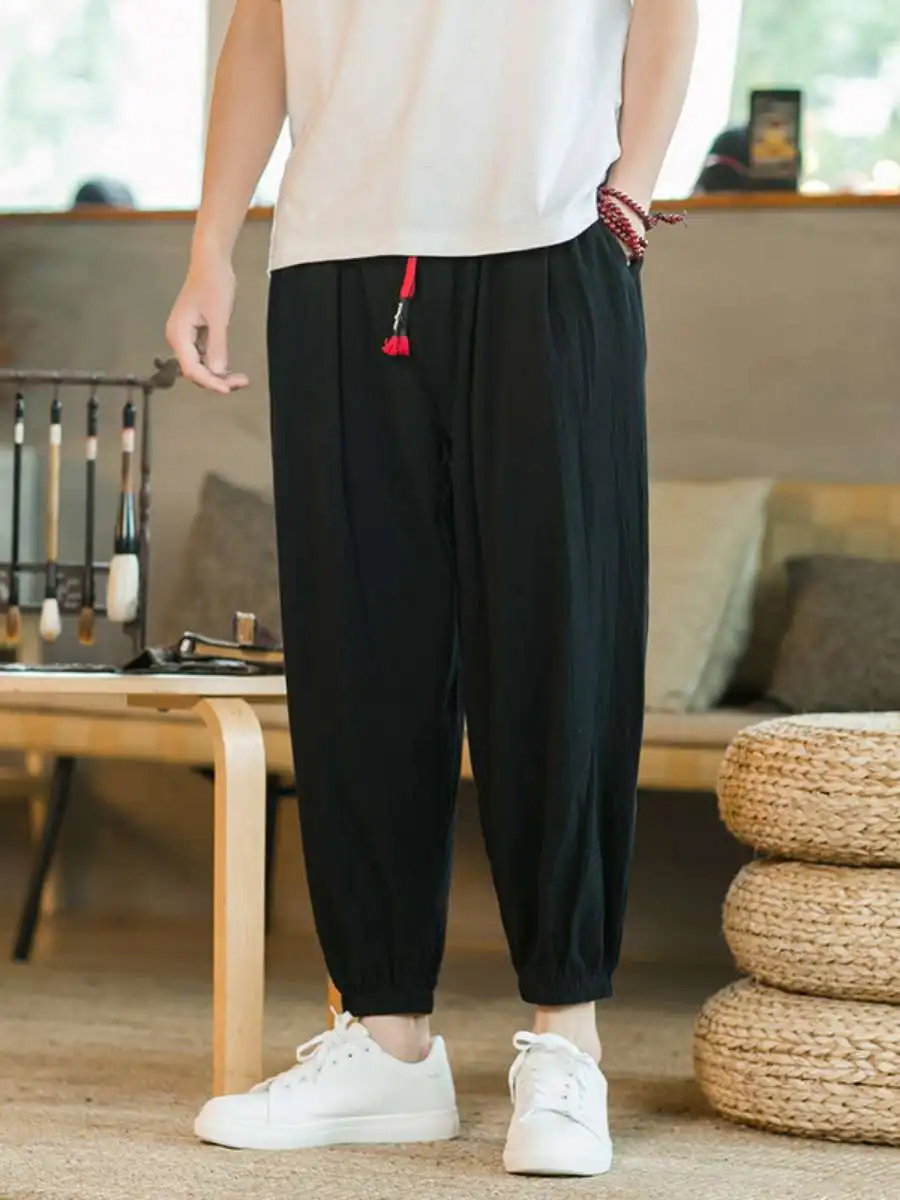 

Summer Thin Wide Leg Pants Men's plus Size Loose Cotton Linen Lantern Nine Points Harlan Pants Comfortable Casual Trousers