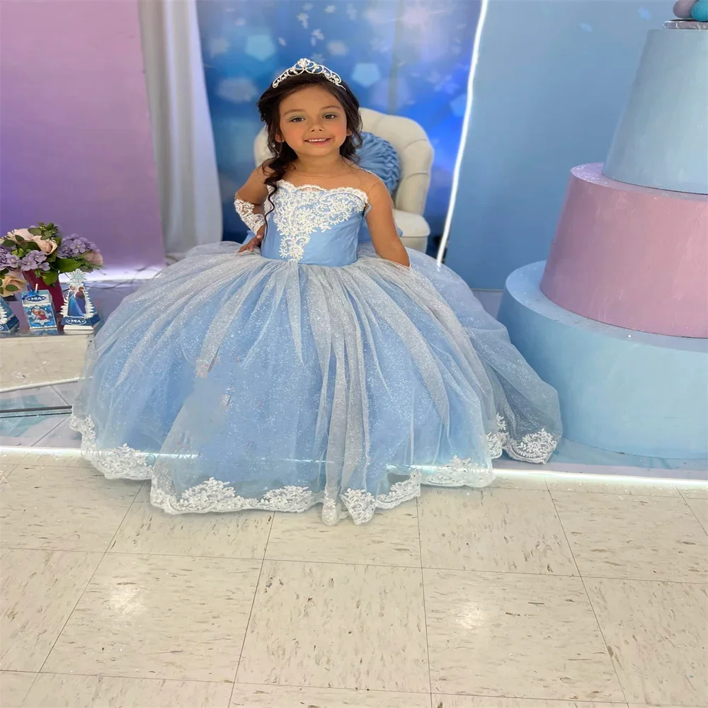 Голубые платья с цветочным узором для девочек по индивидуальному заказу на свадьбу, белые аппликации с длинными рукавами, милое бальное платье для маленькой девочки на день рождения