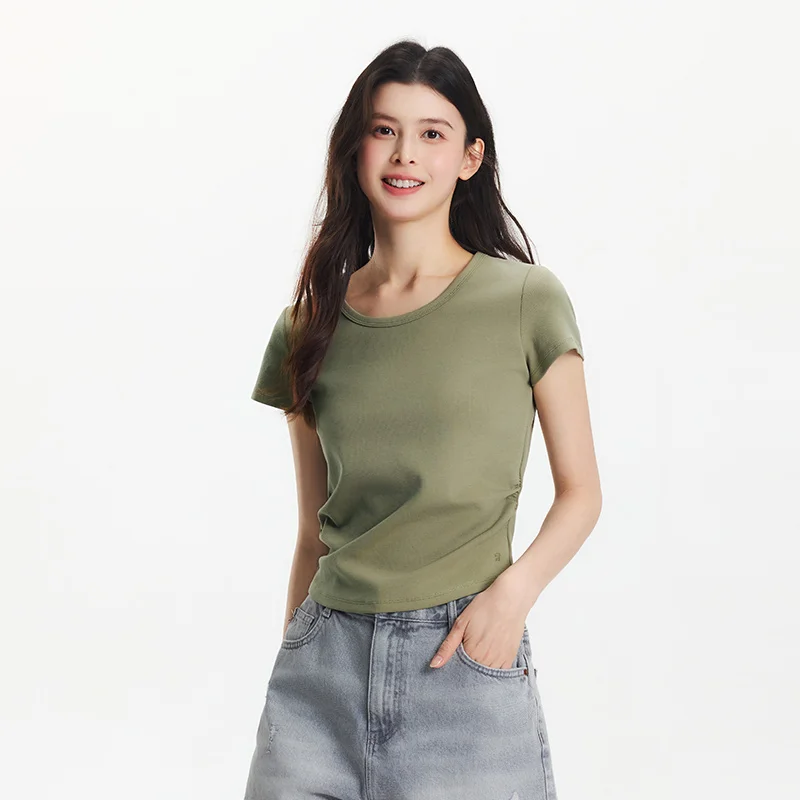 Semir تي شيرتات قصيرة الاكمام المرأة اقتصاص سليم صالح الكتف صالح تصميم 2025 جديد الصيف المطرزة تنوعا لملابس أنيقة #4