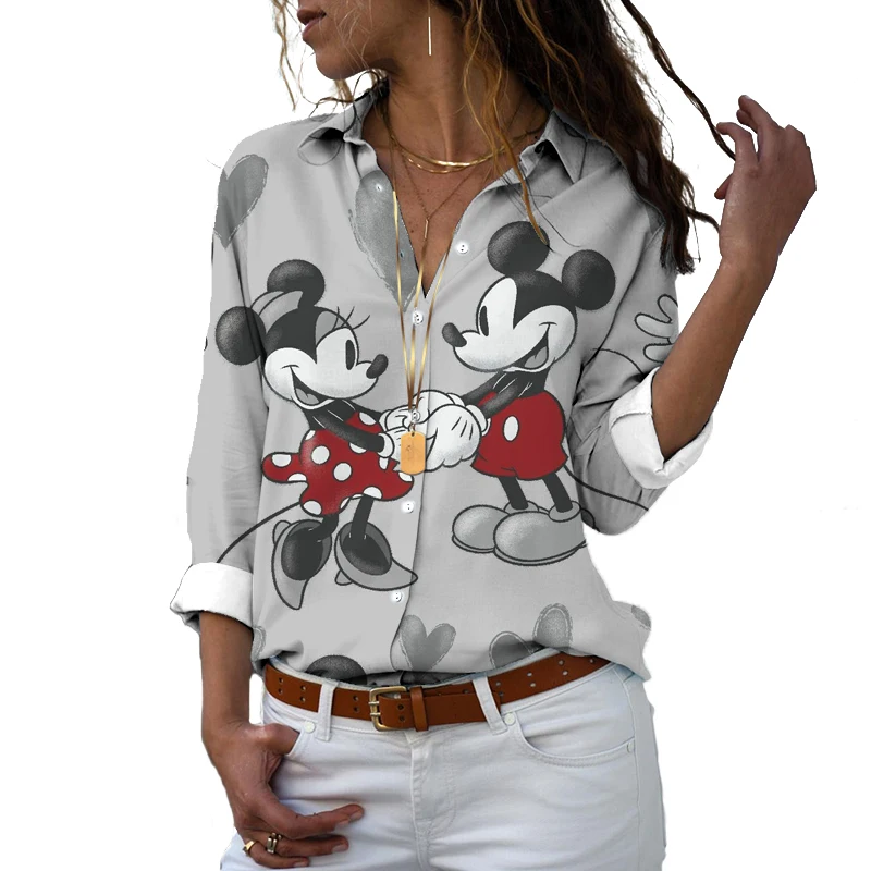 Disney Gömlek Harajuku Slim Fit 3D Baskılı Erkek Kadın Düğme Uzun Kollu Yaka Mickey Minnie Donald Duck Rahat Sevimli Gömlek Y2k