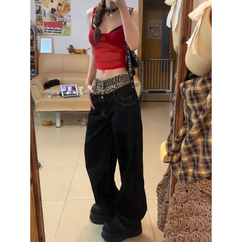 All-season Retro Leopard Print Splicing Wide-leg Jeans Women's High Street Design Sense High Waist Loose Casual Straight Pants