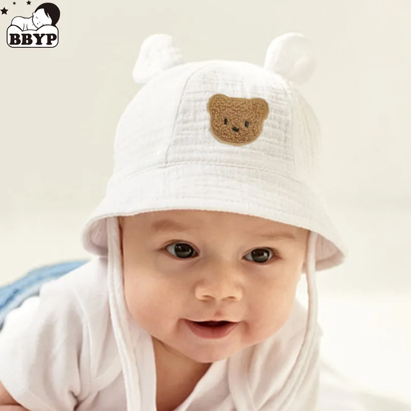 

Summer Baby Hats Newborn Bucket Sunhat Kids Muslin Panama Cap Boys Girls Sun Hat Infant Caps Cartoon Bear Hats For Toddler 3-12M