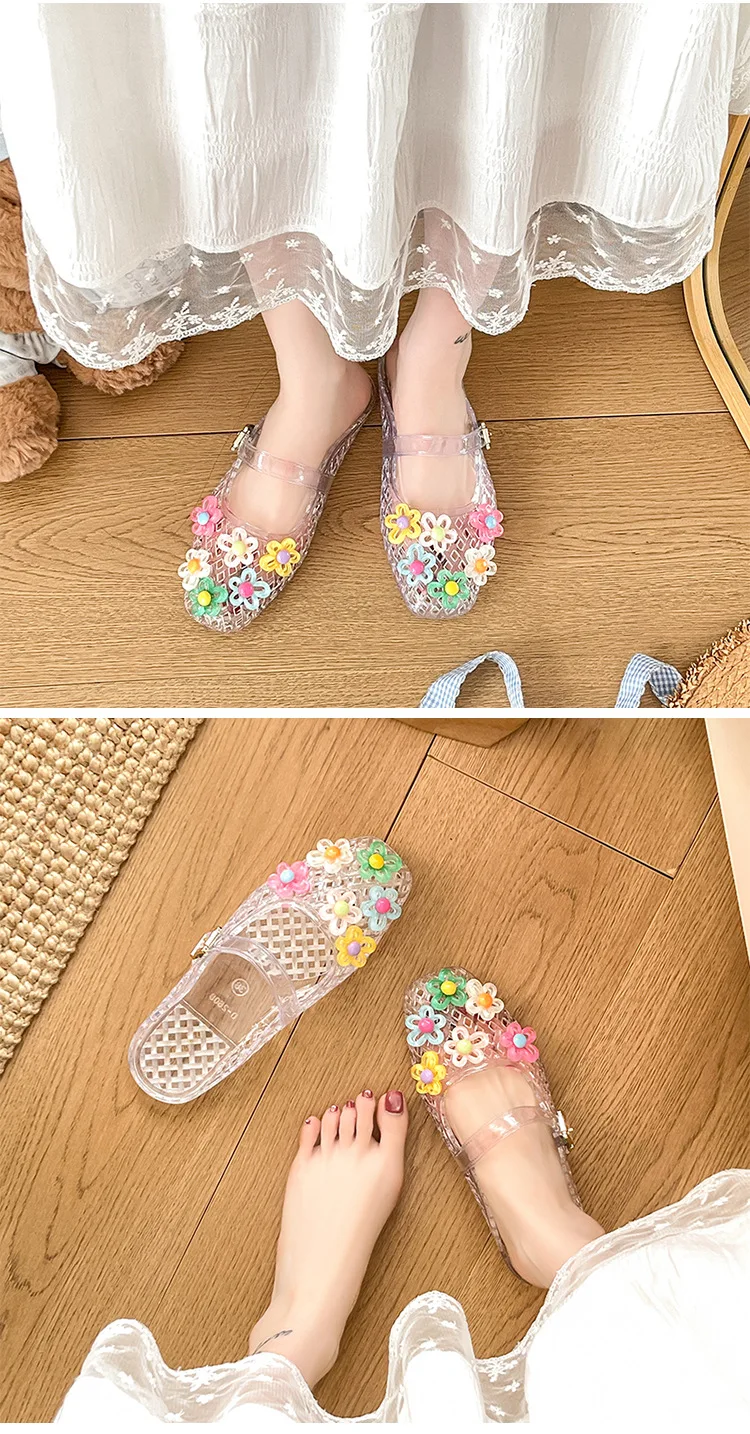 Sommerliche Modische Jelly-Slipper für Damen, Koreanischer Stil, Bunte Blumen-Kristall-Mules, Trendige Transparente Flache Sandalen mit Schnalle – Detail 5