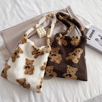 Women Lamb Like Fabric Shoulder Tote Bag Canvas Fluffy Fur Bear Handbags Large Capacity Soft Shopping Bags Girls Cute School Bag
