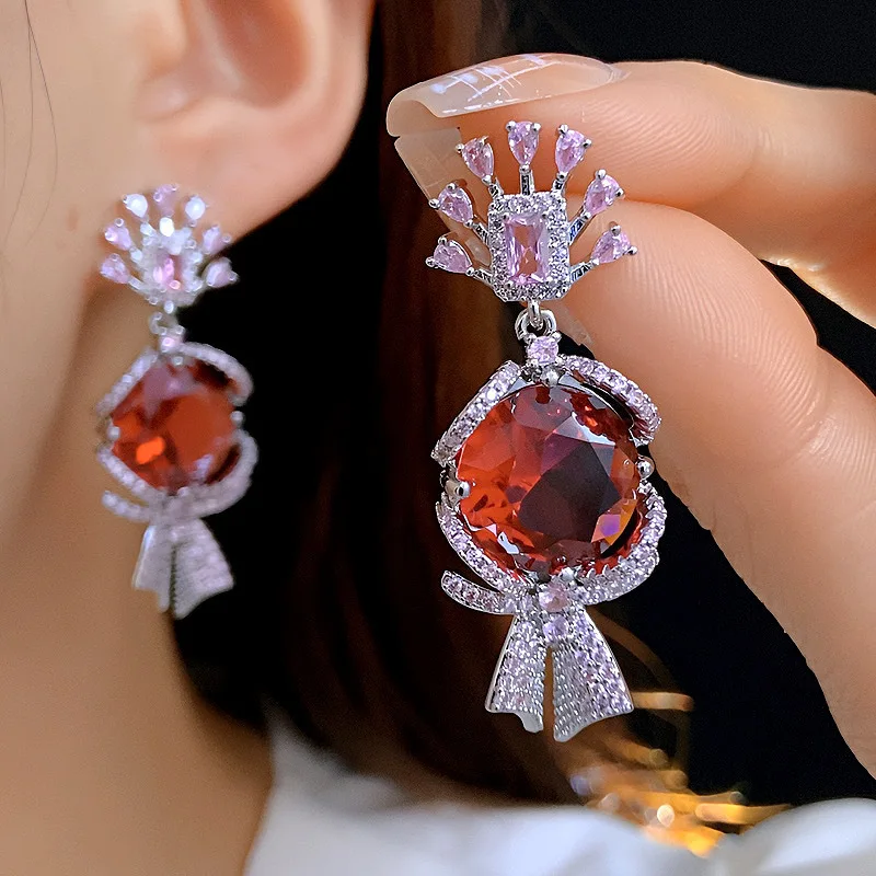 Women Fashion Red Fruit Candy Dainty Stud Earrings, Sparkly Cubic Zirconia Sweet Ear Ornament, Daily Party‑Wear Jewelry Present