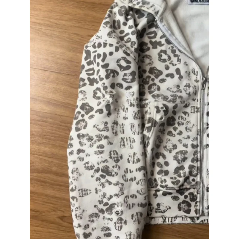 Y2K 여성용 그레이 후디, 레오파드 무늬 가짜 모피 트림 엣지 재킷, 스트리트웨어 캐주얼 레트로 따뜻한 겉옷