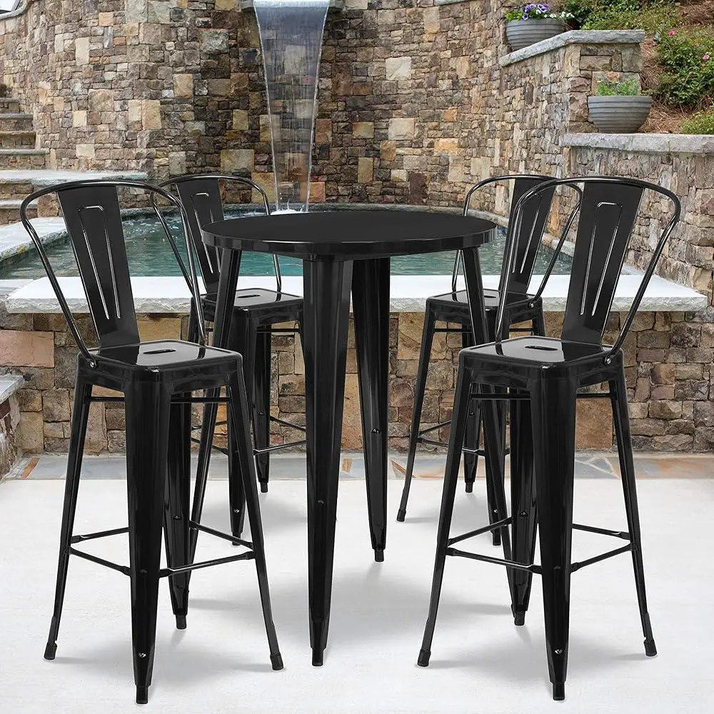 30 Inch Round Black Metal Indoor Outdoor Bar Table Set with 4 Cafe Stools Scratch Stain Resistant Surface Commercial Grade