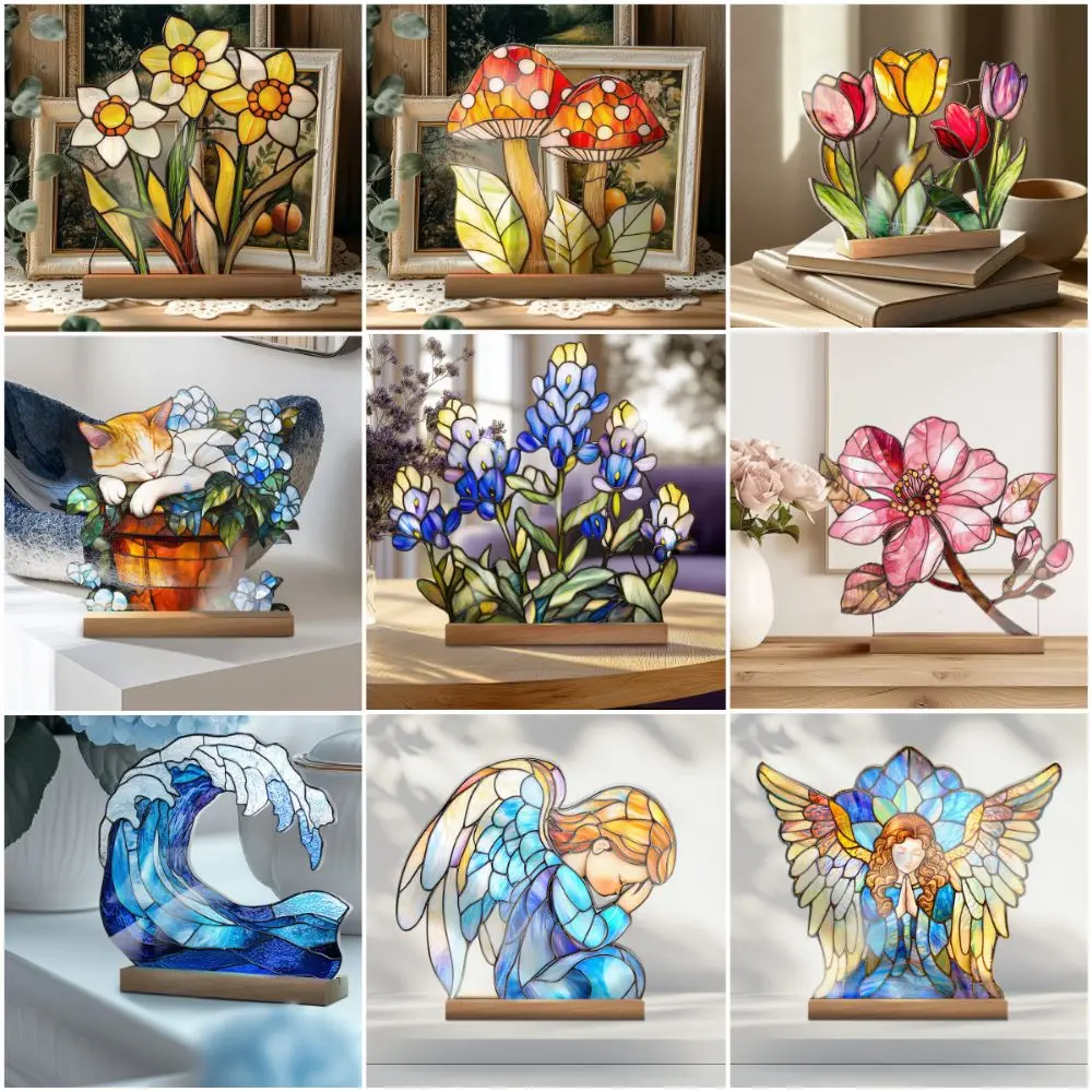 Multicolor Desktop Ornaments Double Sided Faux Stained Glass Floral Knick-knack Craft Acrylic Floral Figurine Ornament