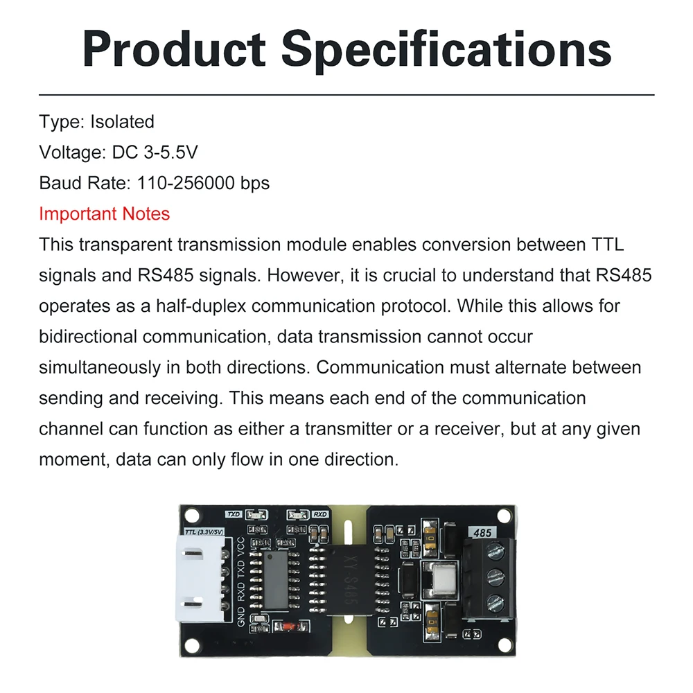 TTL-zu-RS485-Pegelmodul, isoliert, DC 3-5,5 V, RS485-zu-TTL-Signalwandler mit automatischer Flusssteuerung, 110-256000 bps, für Elektroanwendungen – Detail 8