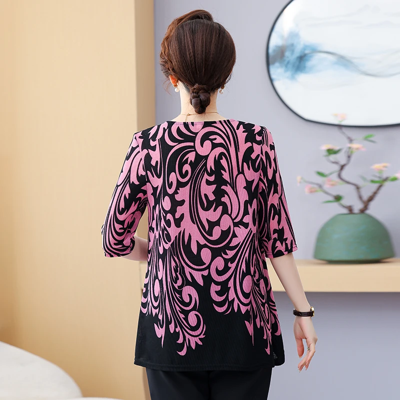 المرأة الجولة الرقبة الربيع الصيف جديد الحد الأدنى تخفيف المطبوعة الماس 3/4 كم فضفاض ميدي البلوز تي شيرت بلايز حجم كبير #2