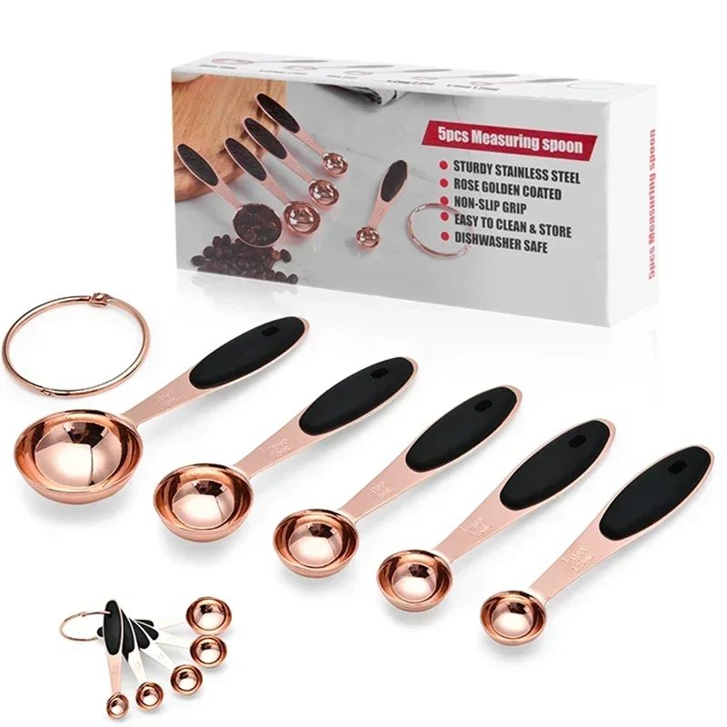 5pcs Rose Gold Measuring Spoons Set Measuring Cups Stainless Steel Kitchen Accessories Baking Tea Coffee Spoon Cooking Tools Set