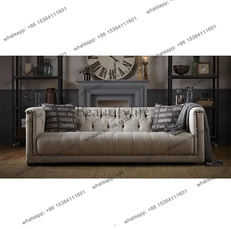 American retro fabric leather art, European model room soft bag buckle single double three-person sofa
