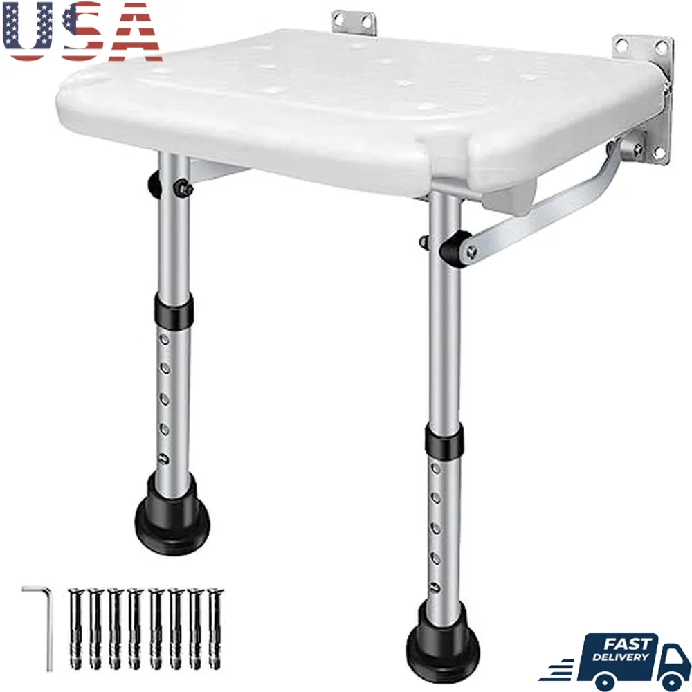 Adjustable Folding Bathroom Shower Seat with Non-Slip Legs Wall-Mounted Safety Stool Elderly and Disabled 400lb Capacity