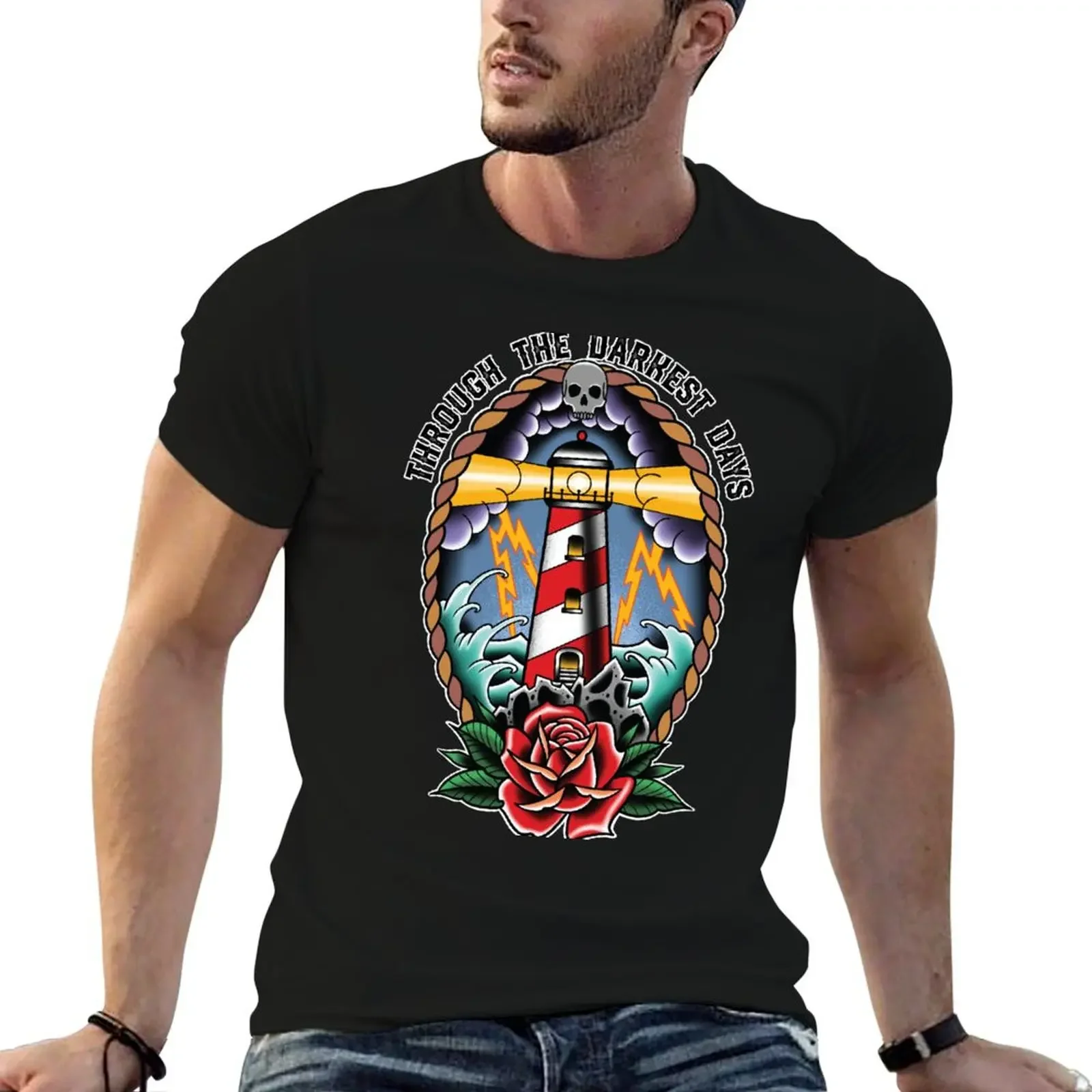 Through The Darkest Days Lighthouse T-Shirt street wear blue archive korean fashion tshirts for men