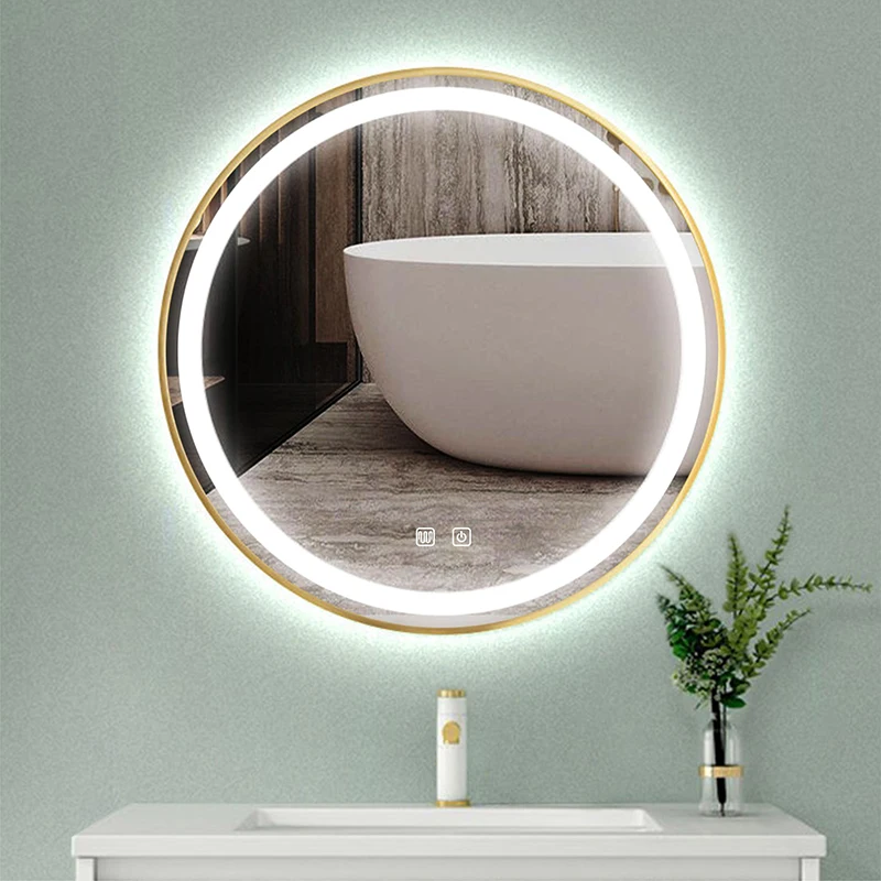 LED Smart Gold Frame Round Makeup Bathroom Nordic Mirror 3 Color Backlit Aesthetic Defogging Dimmer Vanity Wall Decor