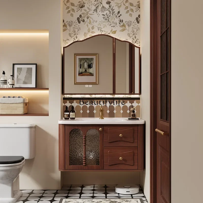 

09Z.Medieval bathroom cabinet combination ceramic integrated basin French retro solid wood bathroom hand wash station