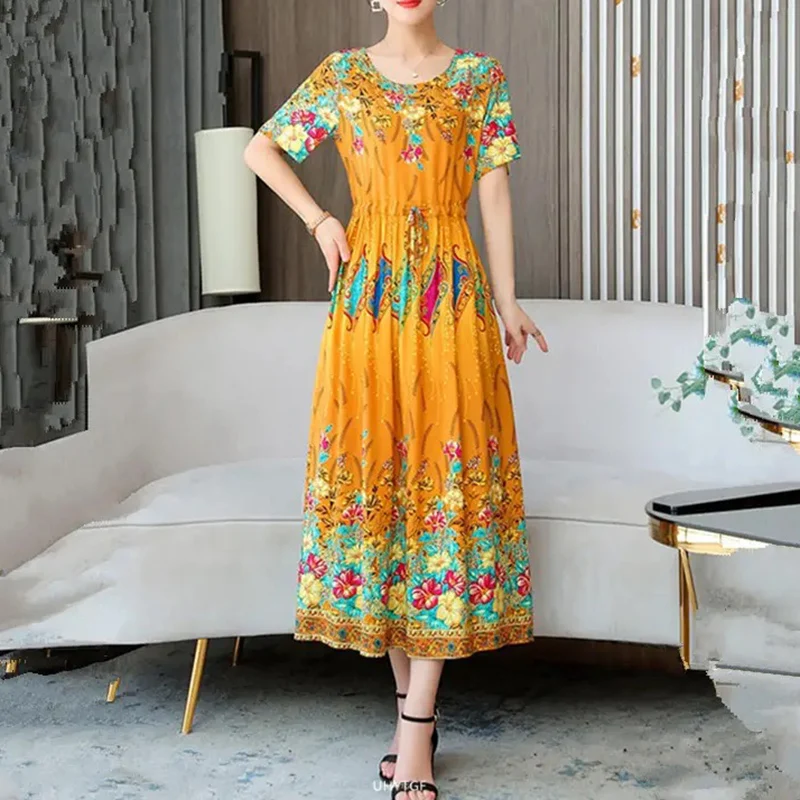 Bohemian Vintage Print Floral Midi Dresses Women Clothing Pockets O-Neck Draw String Waist Short Sleeve Elegant Dress Summer New