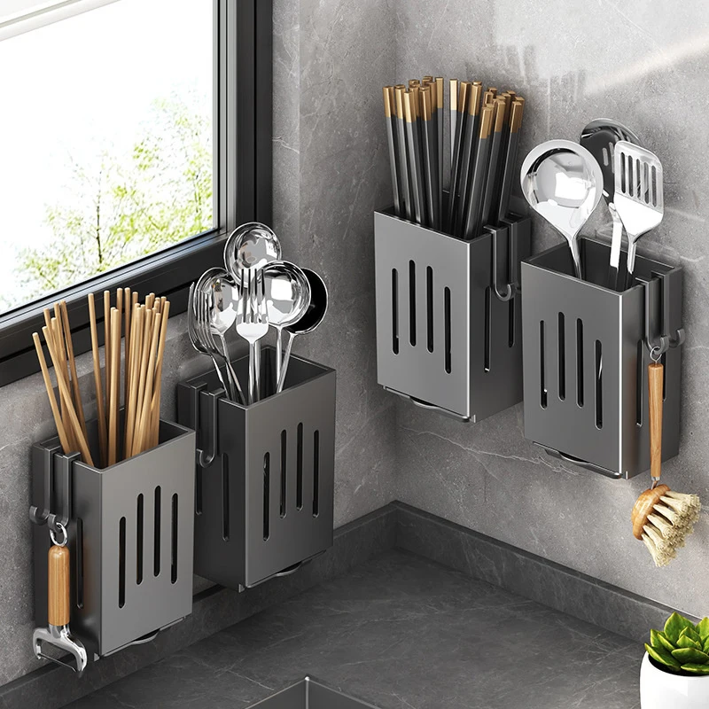 Multifunctional Kitchen Utensil Storage Rack Chopstick Draining Holder Wall-Mounted Freestanding Cutlery Tableware Organizer Box