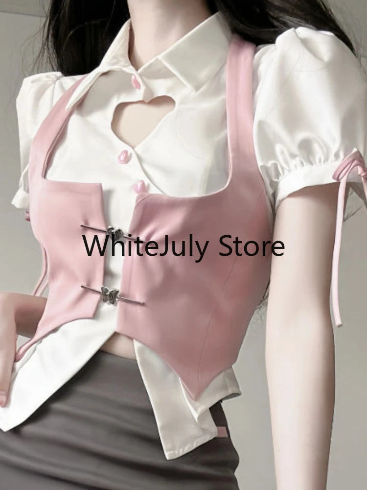 French Elegant Y2k Party Suits Style Female Puff Sleeve Blouse + Pink Vest + Mini Skirts 2023 Summer Korean Fashion Outfits