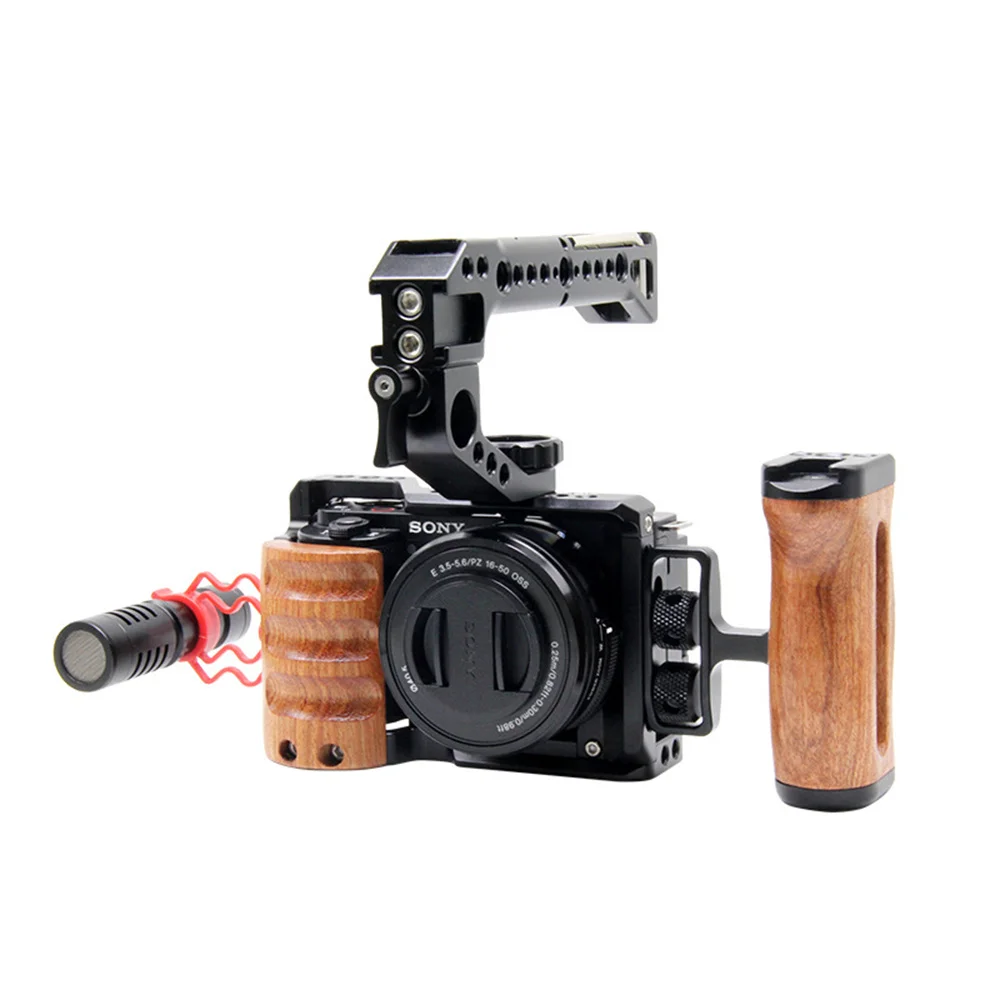 

Camera Cage with Wooden Grip Rig for Sony ZVE10 Accessories Vlog Case Handheld Bracket Cold Shoe Mic LED Light Mount Video Rig