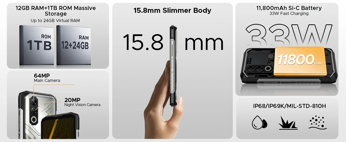 DOOGEE Blade20 Max Rugged Phone 36GB+1TB Gemini AI 6.6" 120Hz Display 11800mAh Battery Android 15 Helio G100 64MP Camera NFC Smartphone